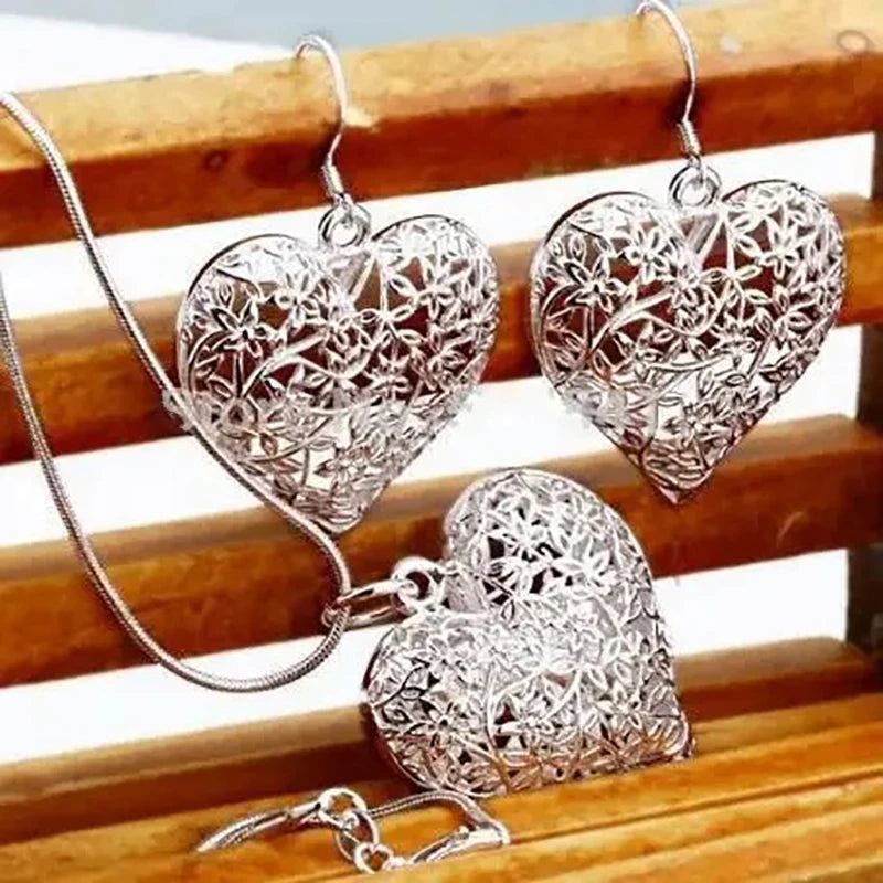 925 Sterling Silver Wedding Charm Set – Pendant Necklace & Earrings for Women