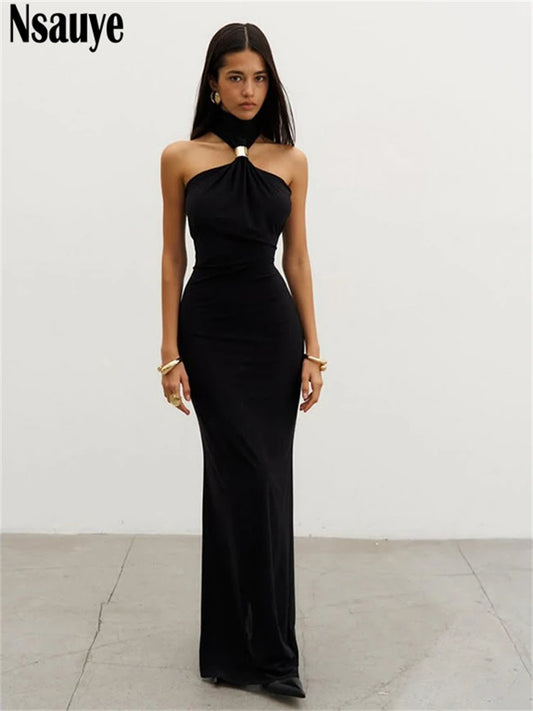 Nsauye Women Sexy Halter Off-Shoulder Evening Dress – 2025 Summer Partywear