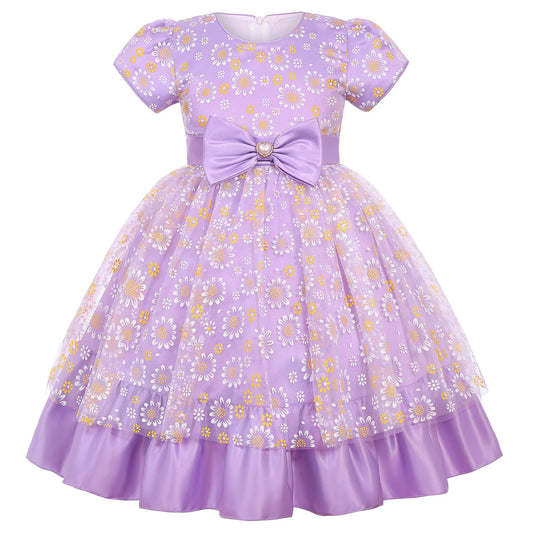 Cross-border special summer burst dress girls printed waist wedding dress flower girl short-sleeved princess puffy skirt