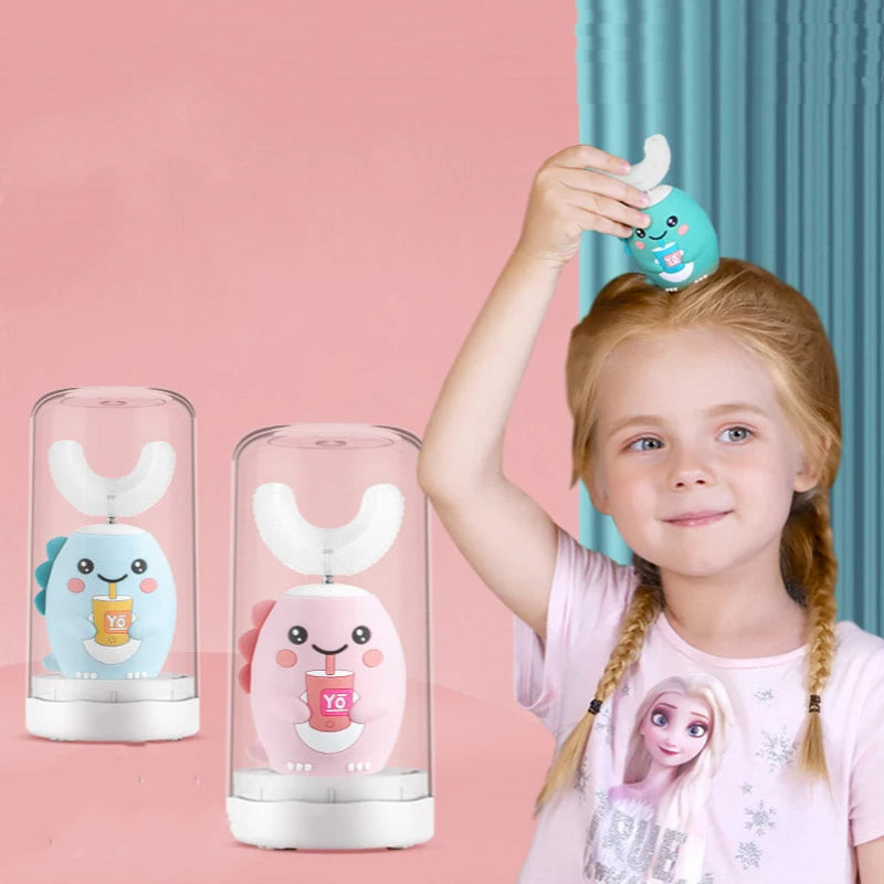 Smart Electric U-Shaped Toothbrush for Kids – 360° Silicone, Cartoon Design, IPX7 Waterproof