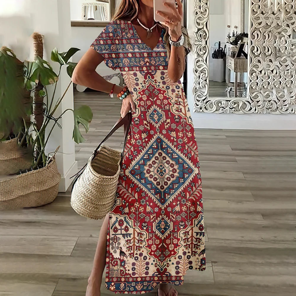 Women’s V-Neck Bohemian Dress – Short Sleeve Summer Skirt with Slit