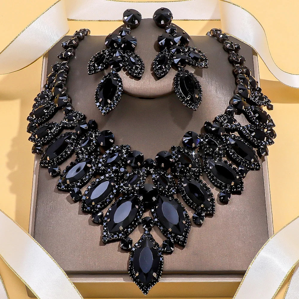 Stonefans Black Rhinestone Leaf Jewelry Set – Necklace & Earrings for Women