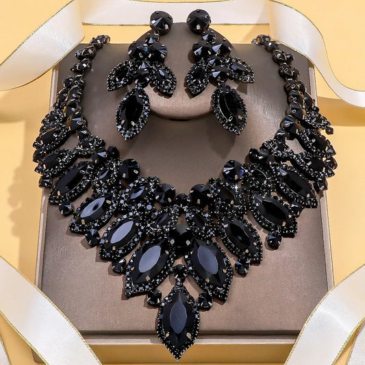 Stonefans Black Rhinestone Leaf Jewelry Set – Necklace & Earrings for Women