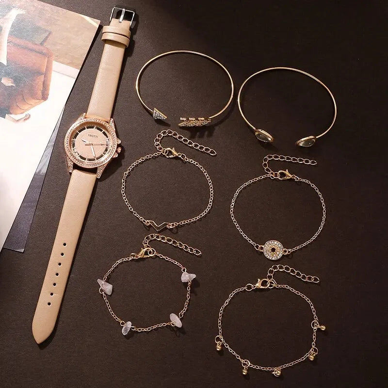 Women's Fashion Quartz Watch – Luxury Khaki Leather Band with Bracelet Set