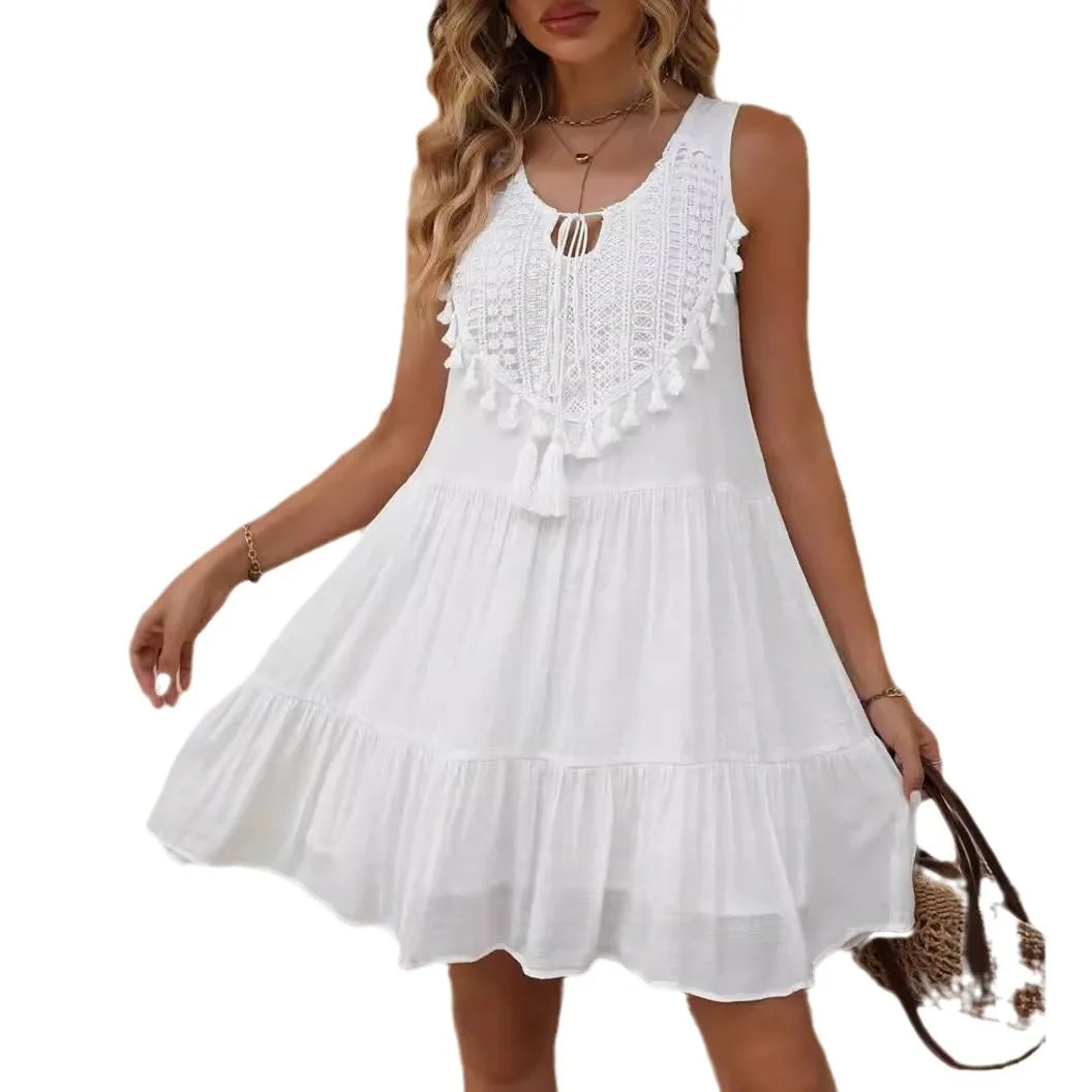 Fashion White Lace Tassel Mini Dress – V-Neck Sleeveless Beach Sundress for Women