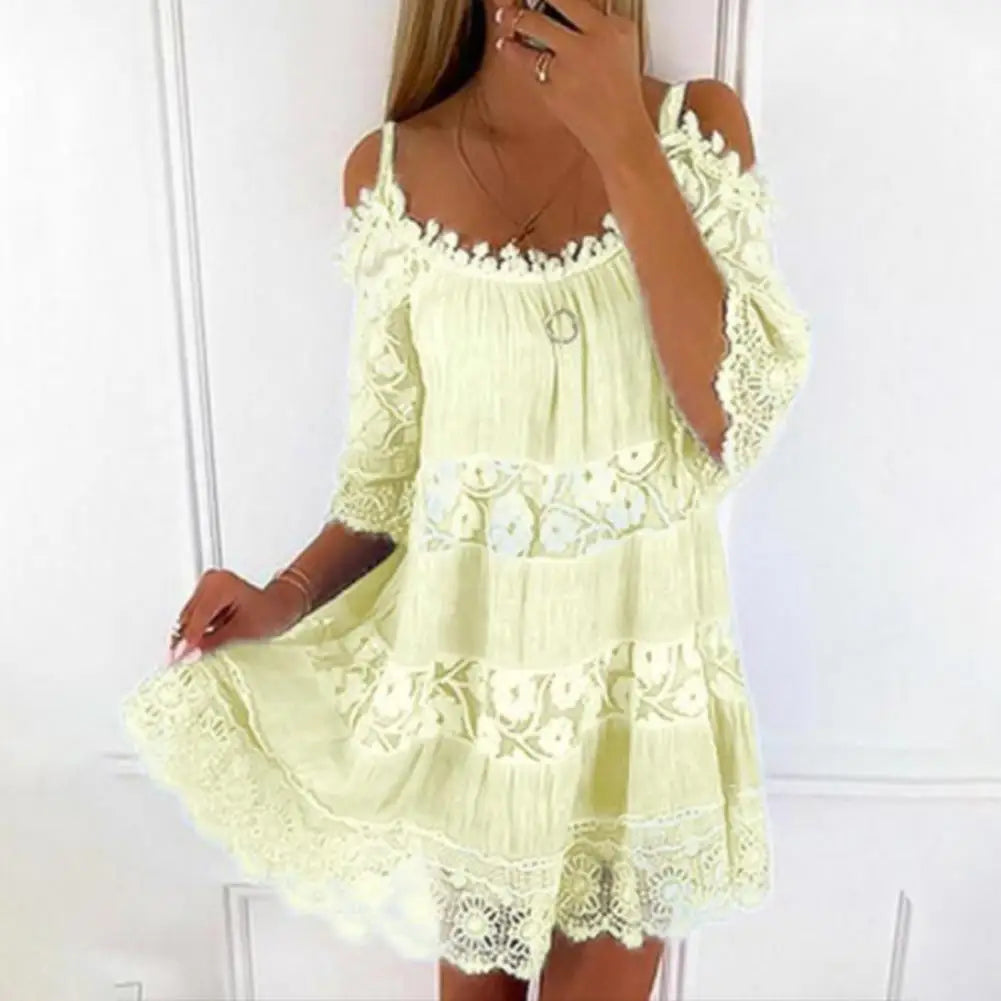 Women's Cold Shoulder Crochet Lace Mini Dress – Summer Beach Style