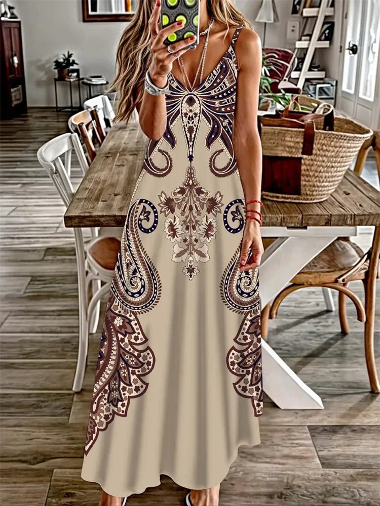 Women's Vintage Dreamcatcher Print Sleeveless Vest Dress – 2024 Summer V-Neck Halter
