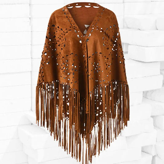 2024 Boho Floral Suede Fringe Poncho