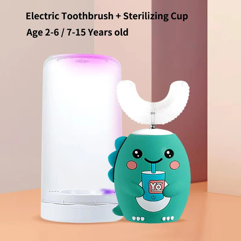 Smart Electric U-Shaped Toothbrush for Kids – 360° Silicone, Cartoon Design, IPX7 Waterproof