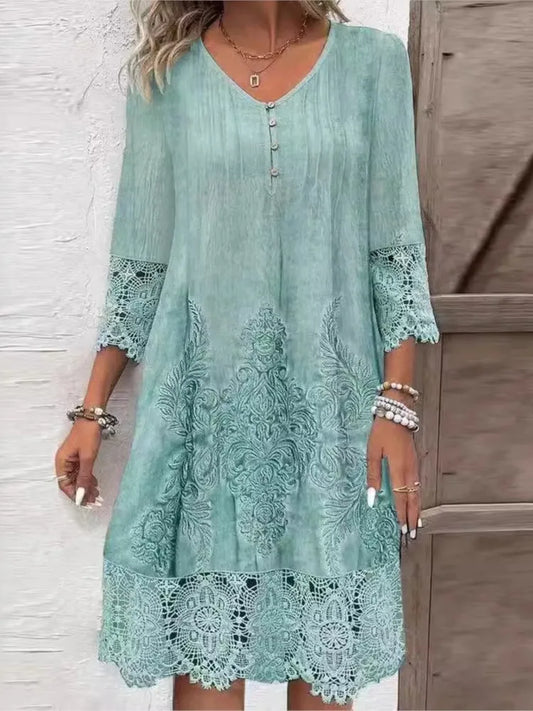 Solid Color Lace Dress – V-Neck Button Design, Loose Fit for Spring & Summer