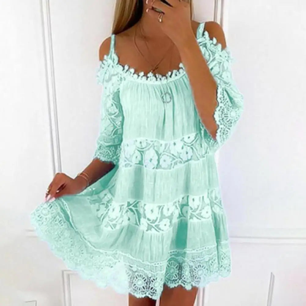Women's Cold Shoulder Crochet Lace Mini Dress – Summer Beach Style