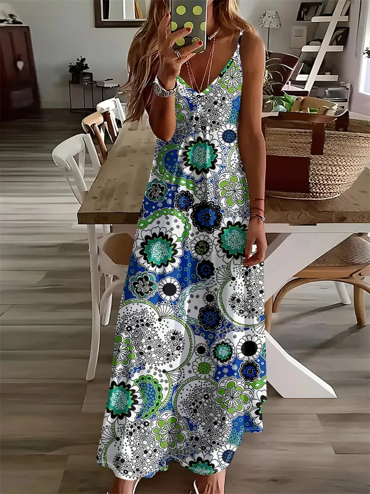 Women's Vintage Dreamcatcher Print Sleeveless Vest Dress – 2024 Summer V-Neck Halter