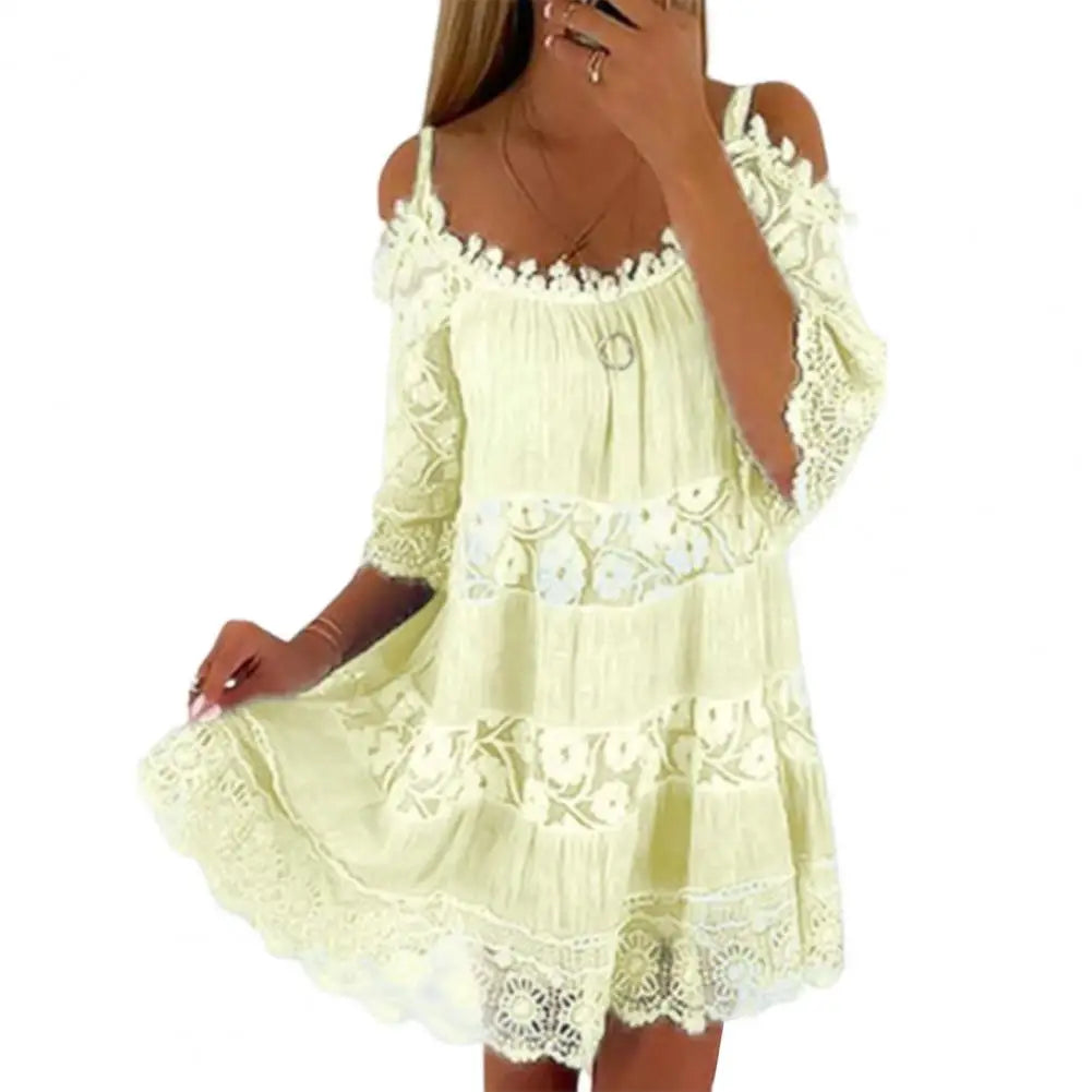 Women's Cold Shoulder Crochet Lace Mini Dress – Summer Beach Style