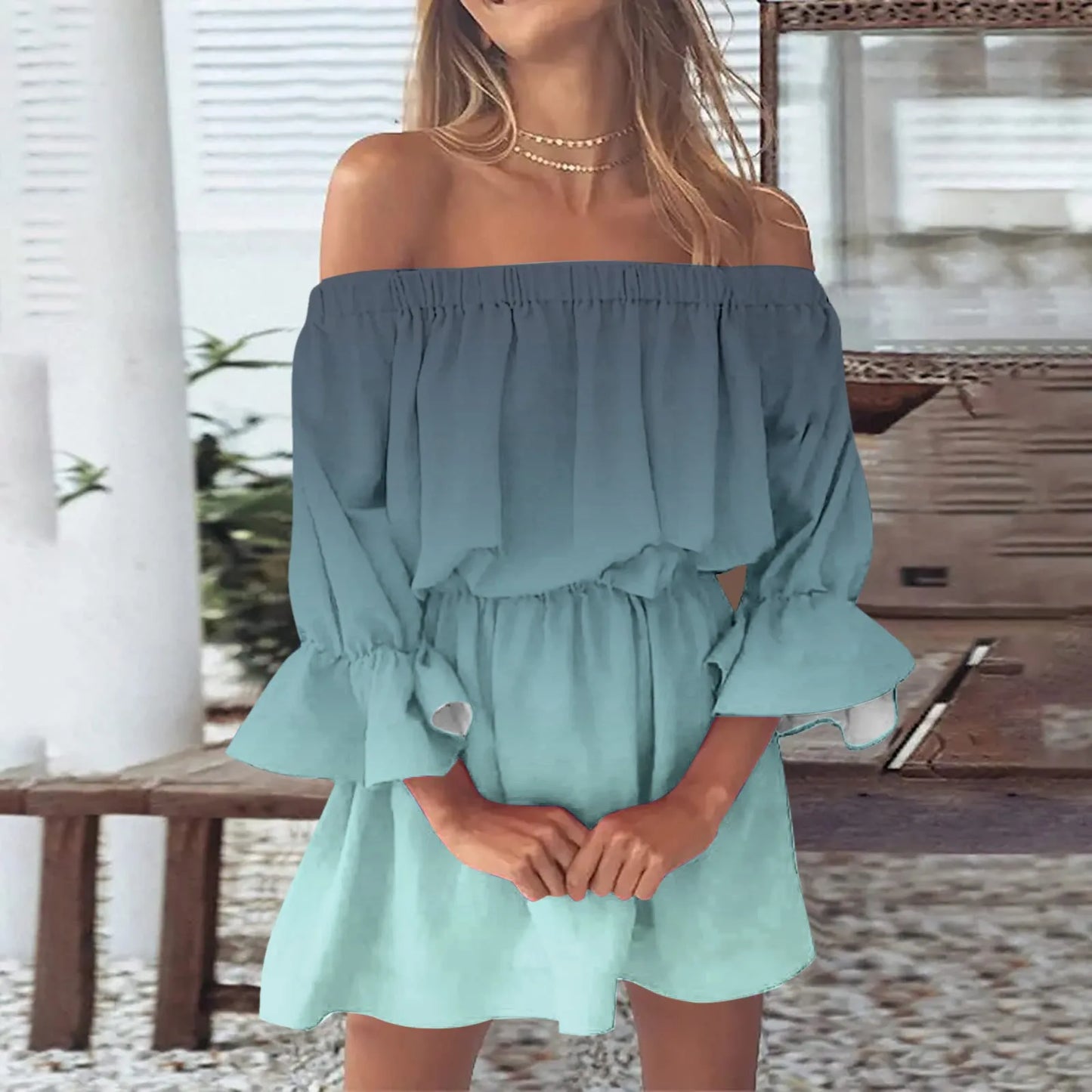 Women’s Gradient Off-Shoulder Boho Sundress – Summer Slash Neck with Ruffles
