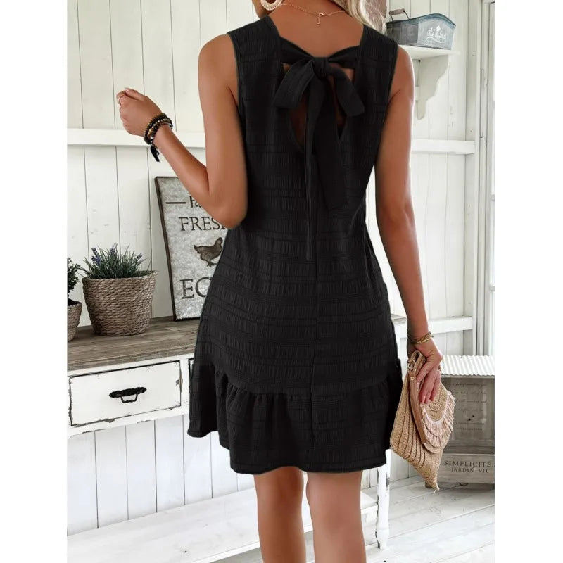 Women’s Summer Mini Dress – Sleeveless Ruffles with Back Bow, Casual Beach Holiday Dress