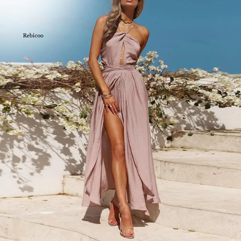 Women’s Summer Boho Maxi Dress – Backless Halter Beach & Evening Sundress