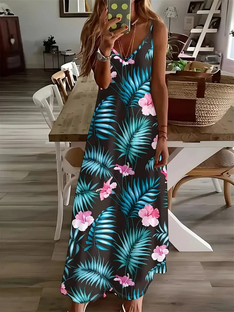 Women's Vintage Dreamcatcher Print Sleeveless Vest Dress – 2024 Summer V-Neck Halter