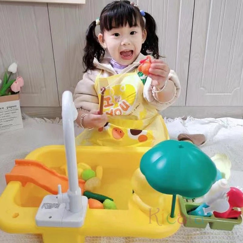 Kids Electric Kitchen Sink Toy with Running Water & Pretend Play Accessories