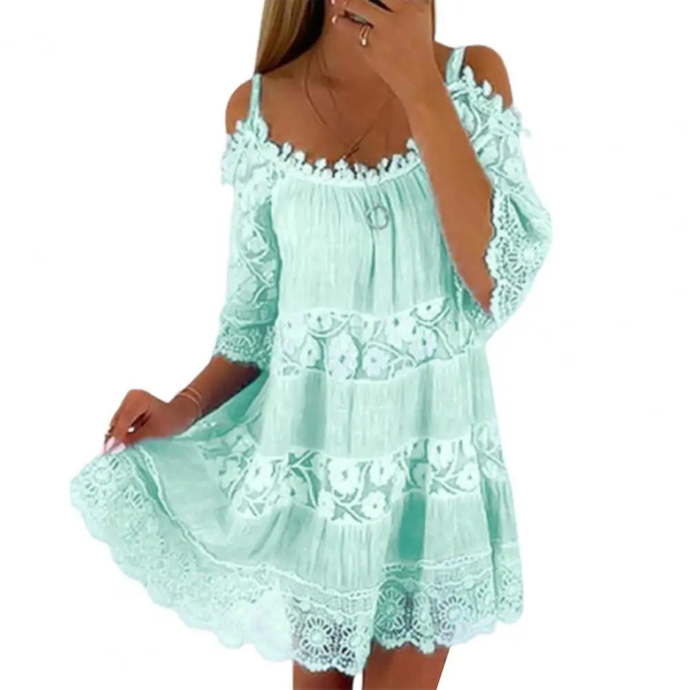 Women's Cold Shoulder Crochet Lace Mini Dress – Summer Beach Style