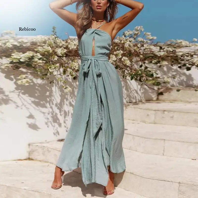 Women’s Summer Boho Maxi Dress – Backless Halter Beach & Evening Sundress
