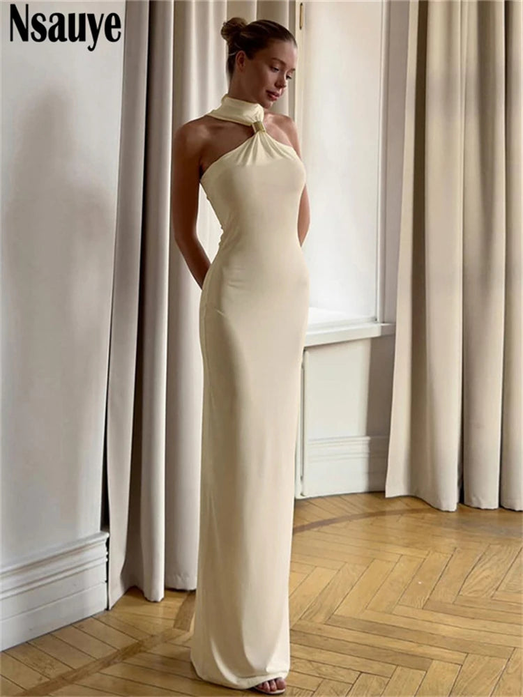 Nsauye Women Sexy Halter Off-Shoulder Evening Dress – 2025 Summer Partywear