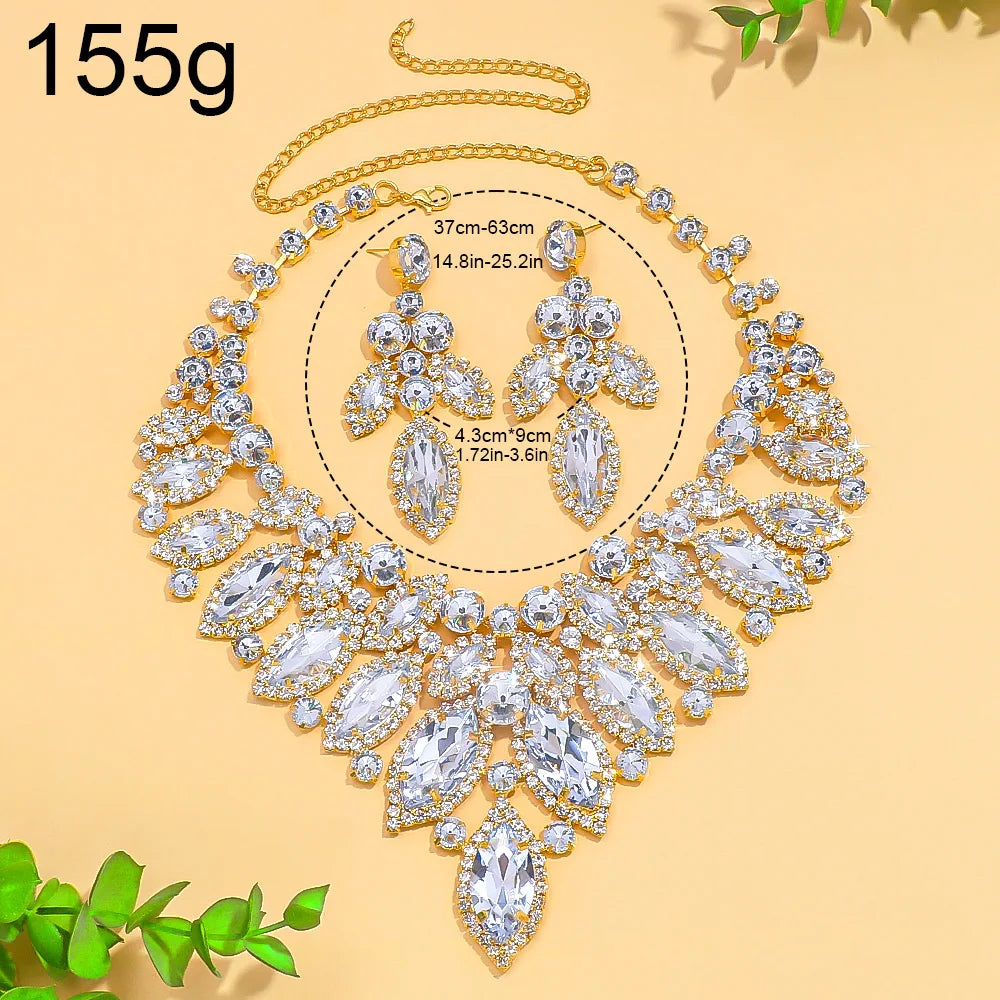 Exaggerated Leaf Rhinestone Jewelry Set – African Bridal Necklace & Earrings
