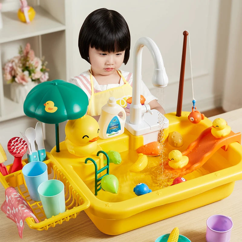 Kids Electric Kitchen Sink Toy with Running Water & Pretend Play Accessories