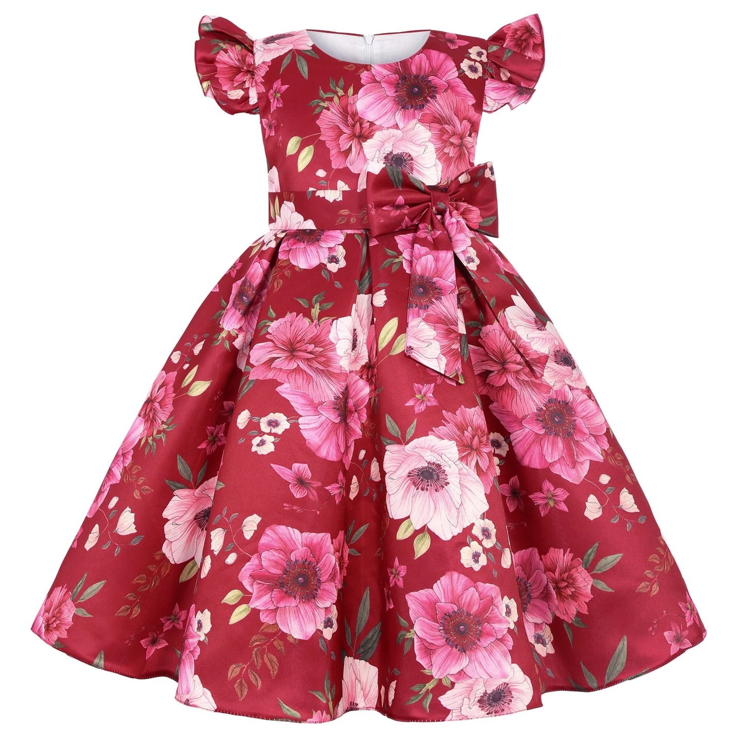 Cross-border special summer burst dress girls printed waist wedding dress flower girl short-sleeved princess puffy skirt
