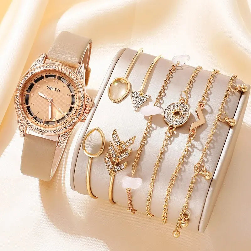 Women's Fashion Quartz Watch – Luxury Khaki Leather Band with Bracelet Set