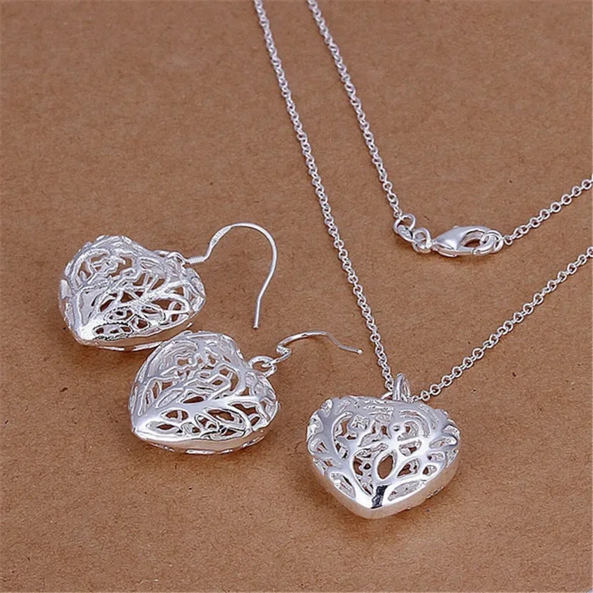 925 Sterling Silver Wedding Charm Set – Pendant Necklace & Earrings for Women