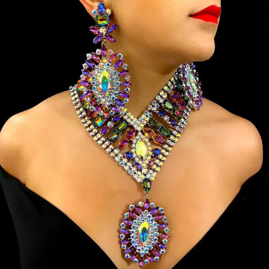AB Color Rhinestone Jewelry Set – Statement Necklace & Earrings for Women