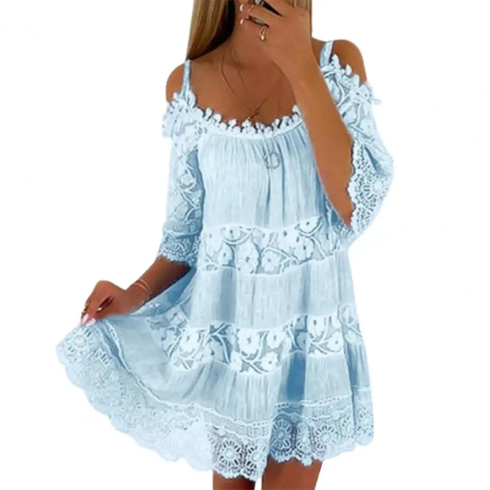 Women's Cold Shoulder Crochet Lace Mini Dress – Summer Beach Style