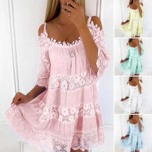 Women's Cold Shoulder Crochet Lace Mini Dress – Summer Beach Style