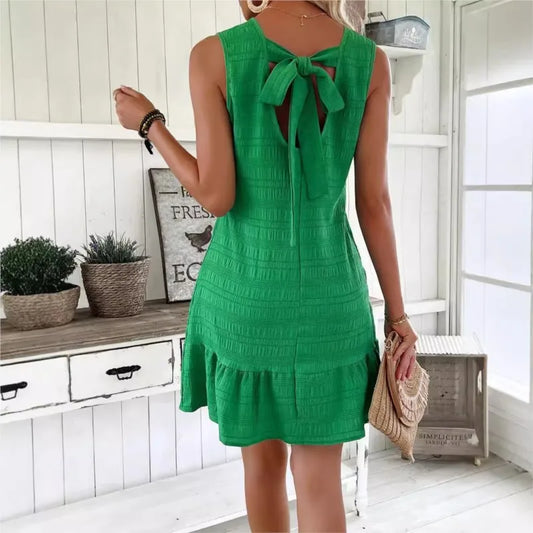 Women’s Summer Mini Dress – Sleeveless Ruffles with Back Bow, Casual Beach Holiday Dress
