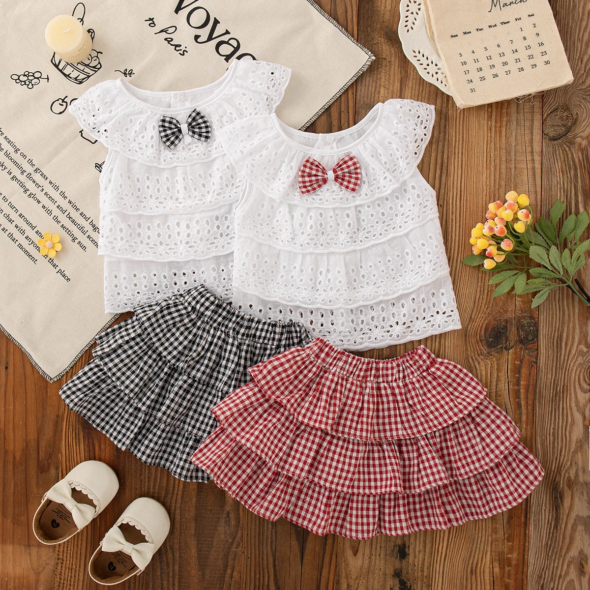White Hollow Out Sleeveless Top+Plaid Skirt For Baby And Girl, Two-Piece Set,Summer New Children'S Clothing (9 Months -3 Years)