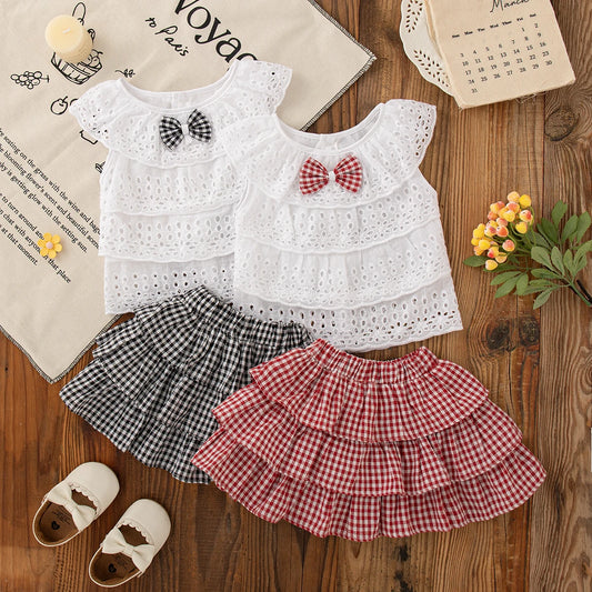 White Hollow Out Sleeveless Top+Plaid Skirt For Baby And Girl, Two-Piece Set,Summer New Children'S Clothing (9 Months -3 Years)