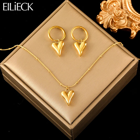 EILIECK Gold Heart Necklace & Earrings Set – Waterproof Stainless Steel Jewelry
