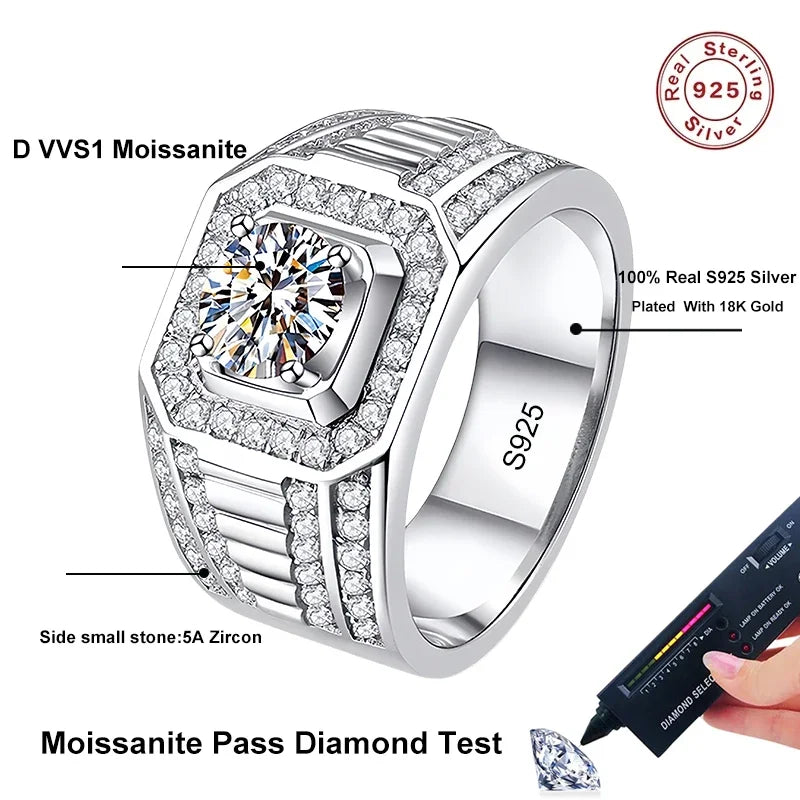 NeeTim Moissanite Ring For Men Sterling Silver Platinum Plated Ring Lab Diamond Men's Rings Wedding Jewelry With GRA Certificate