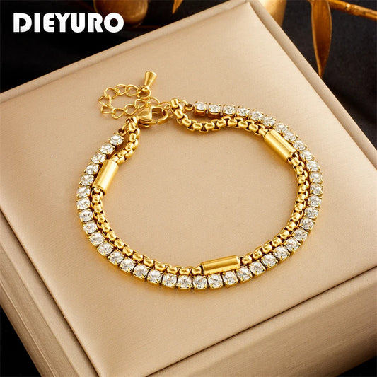 DIEYURO 2-in-1 Zircon Bracelet – 316L Stainless Steel Chain for Women