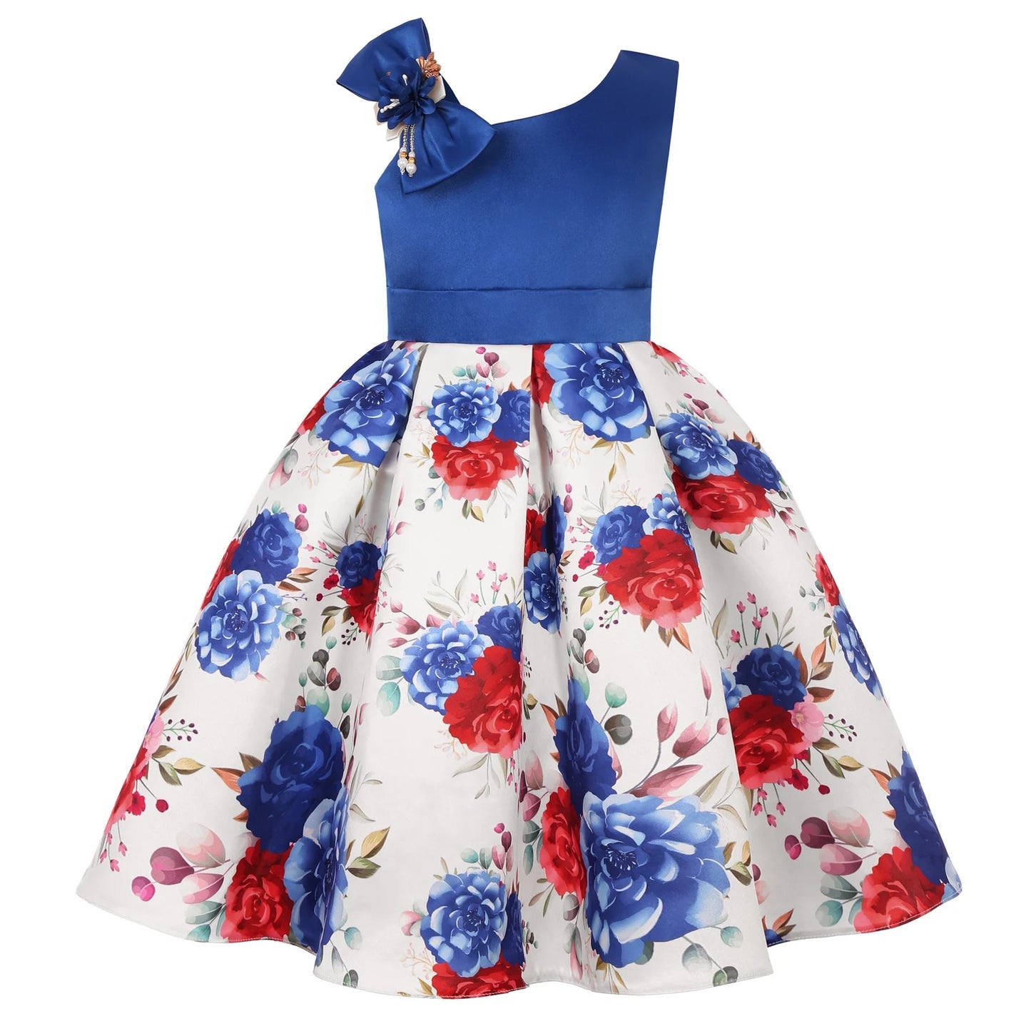 Cross-border special summer burst dress girls printed waist wedding dress flower girl short-sleeved princess puffy skirt