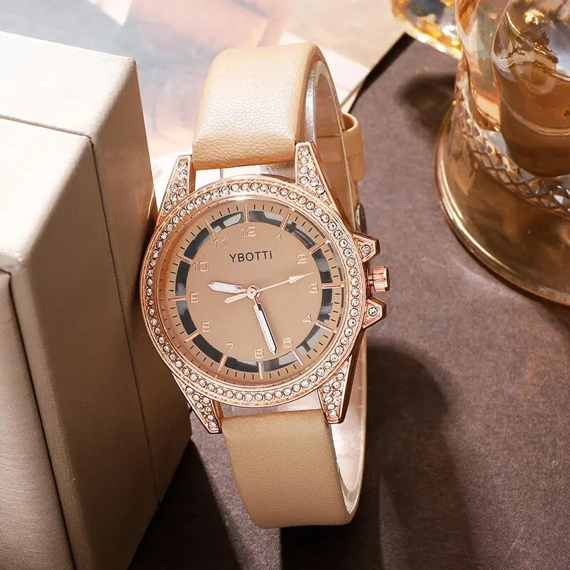 Women's Fashion Quartz Watch – Luxury Khaki Leather Band with Bracelet Set