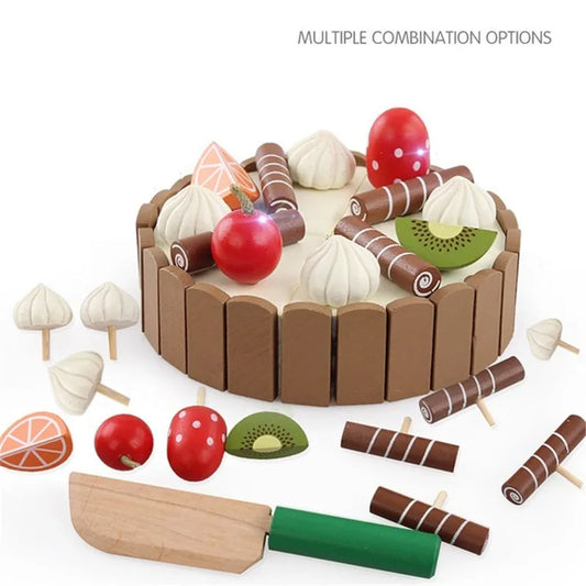 Wooden Kids Kitchen Toy Set – Pretend Play Cutting Cake & Fruit Cooking Toys