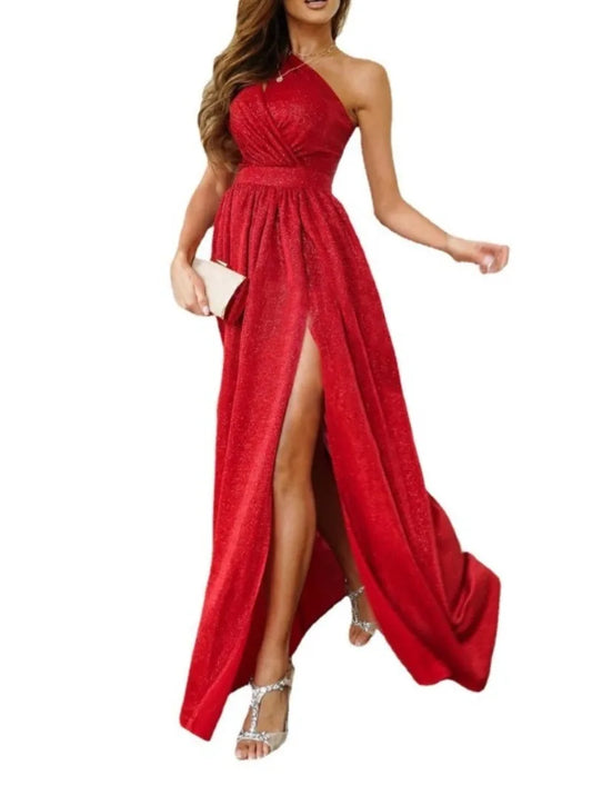 Women’s Elegant One-Shoulder A-Line Dress – Red High Slit Prom & Evening Maxi Dress