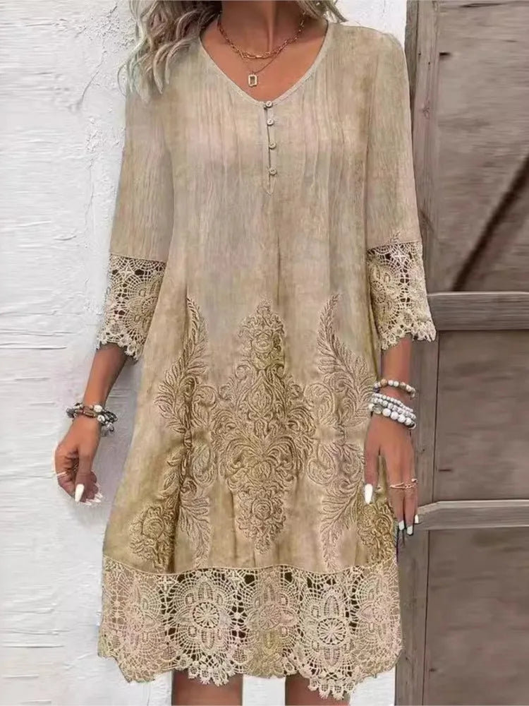 Solid Color Lace Dress – V-Neck Button Design, Loose Fit for Spring & Summer