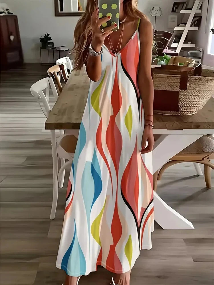 Women's Vintage Dreamcatcher Print Sleeveless Vest Dress – 2024 Summer V-Neck Halter