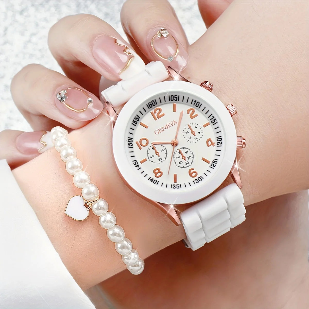 6-Piece Women's Watch Set – Silicone Band Quartz Watch with Heart & Pearl Jewelry (No Box)