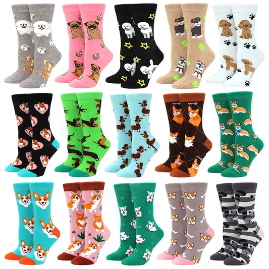 Cute Puppy Cartoon Socks – Corgi & Schnauzer Mid-Tube Unisex Breathable Comfort