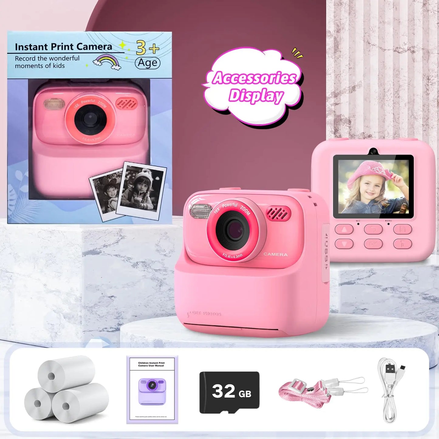 Kids Instant Print Camera 1080P HD Dual Lens – 32GB Selfie Digital Gift