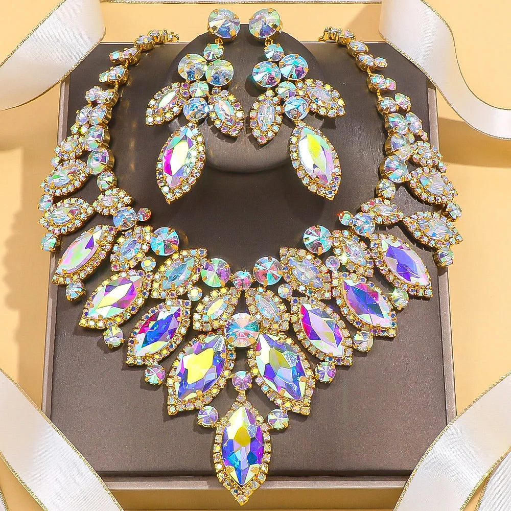 Stonefans Black Rhinestone Leaf Jewelry Set – Necklace & Earrings for Women