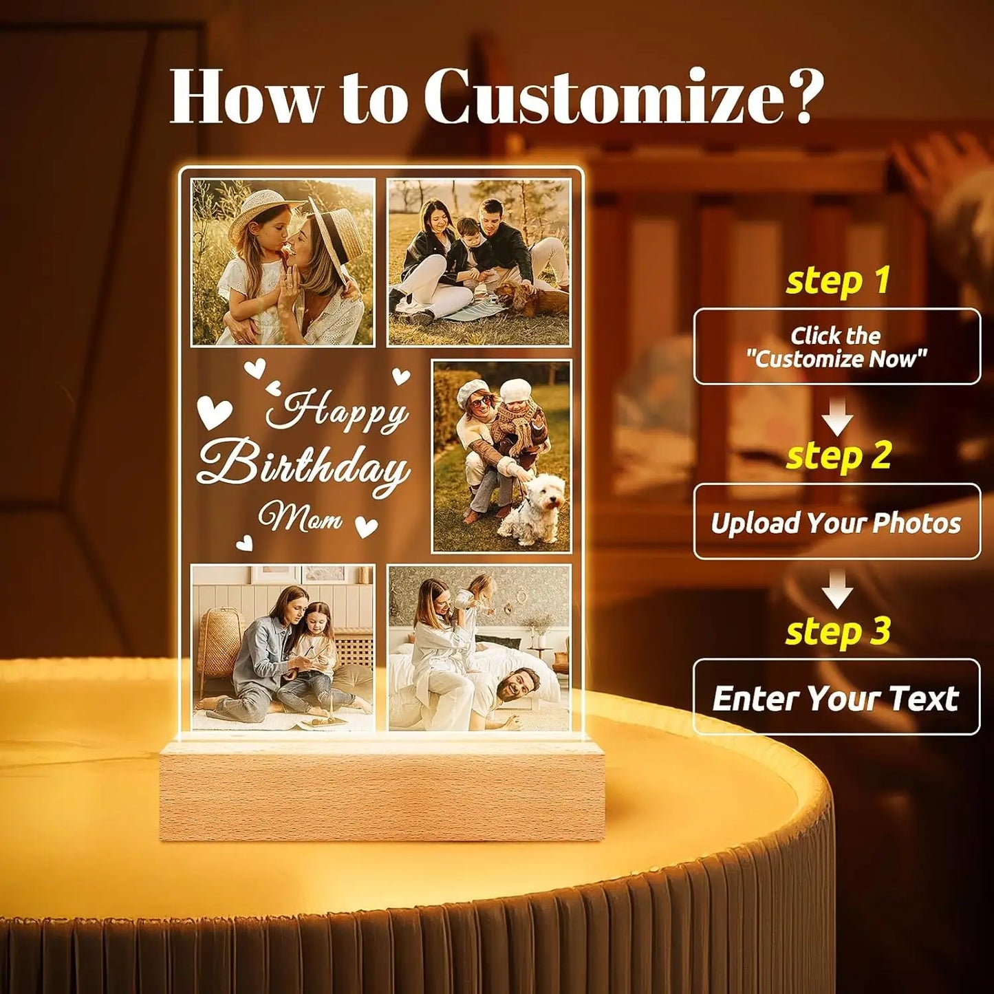 Custom Acrylic Photo Plaque – Night Light Gift for Mom or Dad